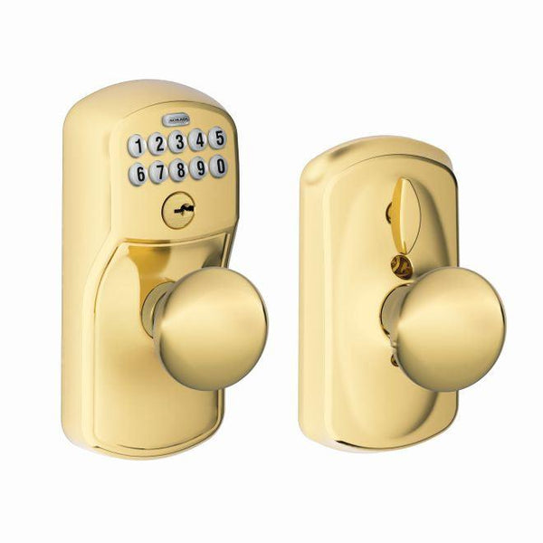 Schlage Electronic Keypad Knob with Plymouth Trim and Plymouth Knob with Flex Lock in Lifetime Brass finish