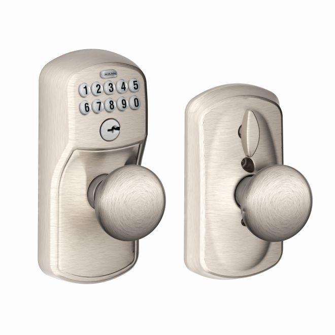 Schlage Electronic Keypad Knob with Plymouth Trim and Plymouth Knob with Flex Lock in Satin Nickel finish