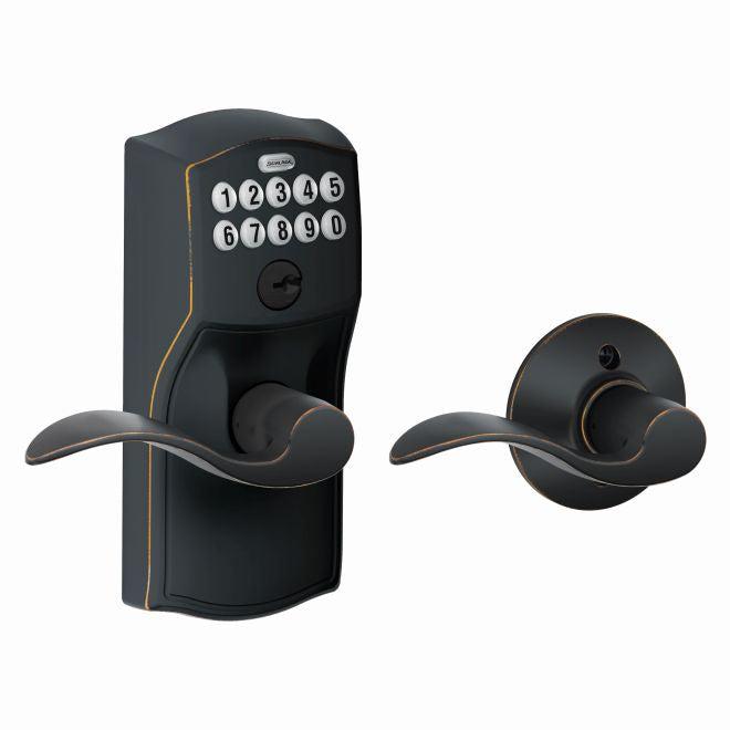 Schlage Electronic Keypad Lever with Camelot Trim and Accent Lever with Auto Lock in Aged Bronze finish