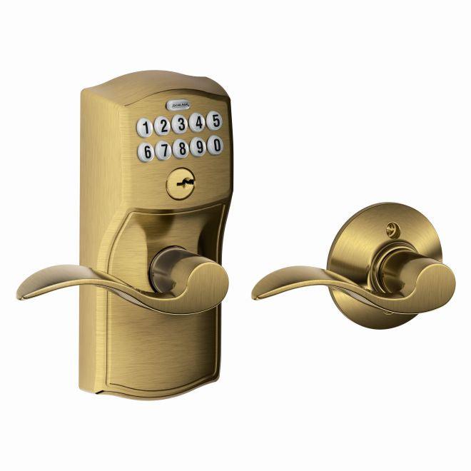 Schlage Electronic Keypad Lever with Camelot Trim and Accent Lever with Auto Lock in Antique Brass finish