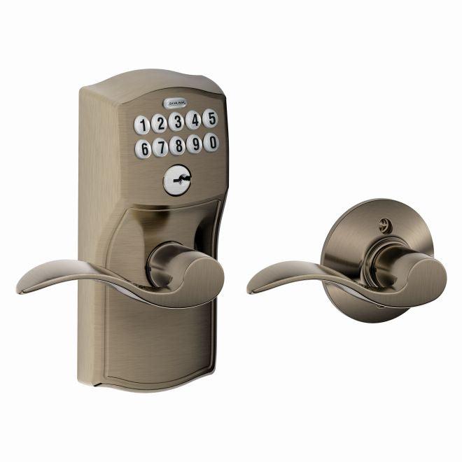 Schlage Electronic Keypad Lever with Camelot Trim and Accent Lever with Auto Lock in Antique Pewter finish