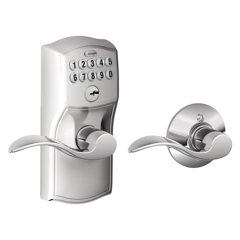 Schlage Electronic Keypad Lever with Camelot Trim and Accent Lever with Auto Lock in Bright Chrome finish