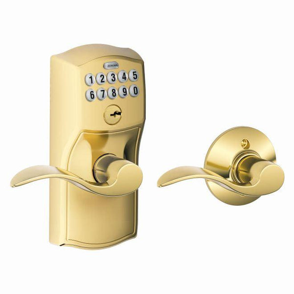 Schlage Electronic Keypad Lever with Camelot Trim and Accent Lever with Auto Lock in Lifetime Brass finish