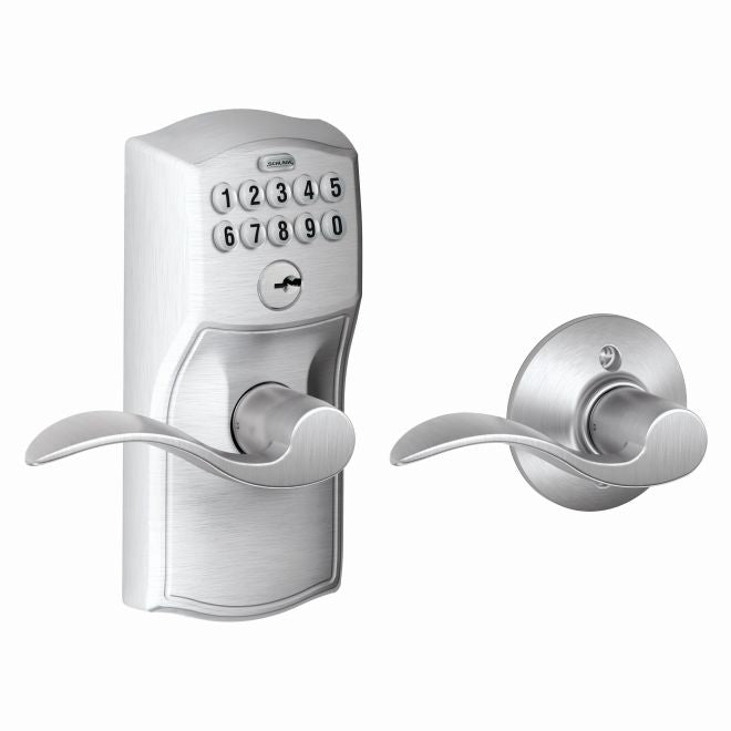 Schlage Electronic Keypad Lever with Camelot Trim and Accent Lever with Auto Lock in Satin Chrome finish