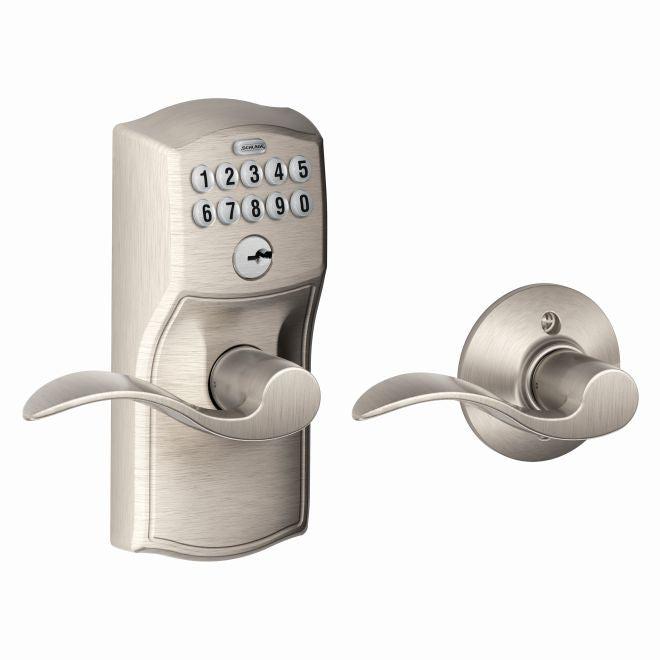 Schlage Electronic Keypad Lever with Camelot Trim and Accent Lever with Auto Lock in Satin Nickel finish