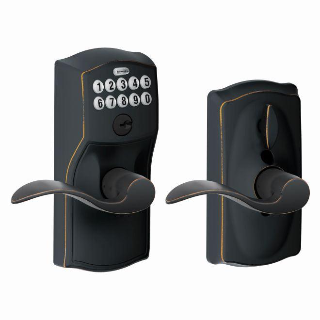 Schlage Electronic Keypad Lever with Camelot Trim and Interior Accent Lever with Flex Lock in Aged Bronze finish