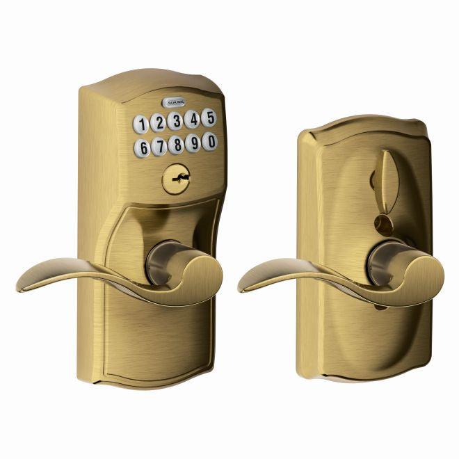 Schlage Electronic Keypad Lever with Camelot Trim and Interior Accent Lever with Flex Lock in Antique Brass finish
