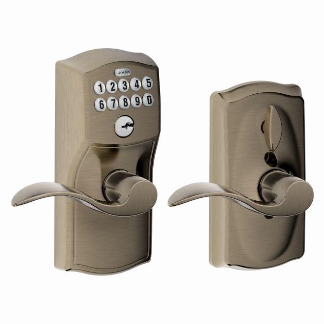 Schlage Electronic Keypad Lever with Camelot Trim and Interior Accent Lever with Flex Lock in Antique Pewter finish