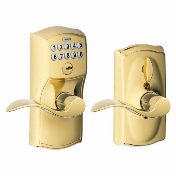Schlage Electronic Keypad Lever with Camelot Trim and Interior Accent Lever with Flex Lock in Lifetime Brass finish
