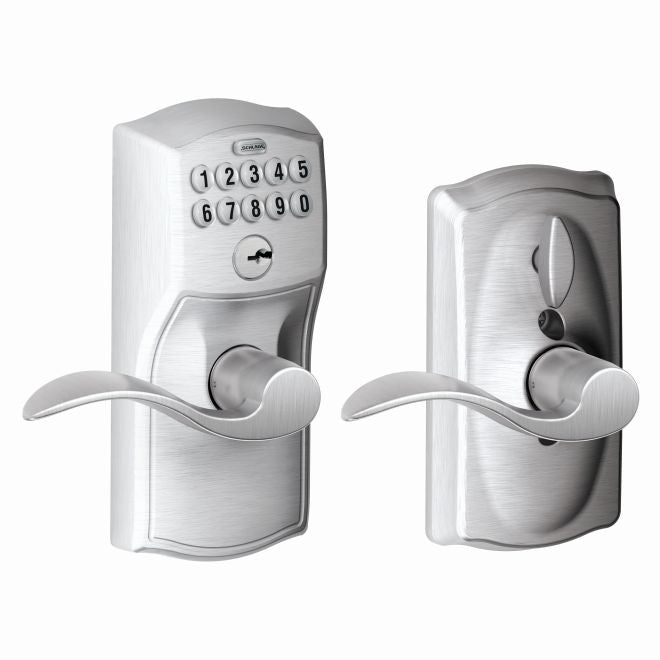 Schlage Electronic Keypad Lever with Camelot Trim and Interior Accent Lever with Flex Lock in Satin Chrome finish