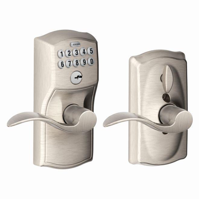 Schlage Electronic Keypad Lever with Camelot Trim and Interior Accent Lever with Flex Lock in Satin Nickel finish