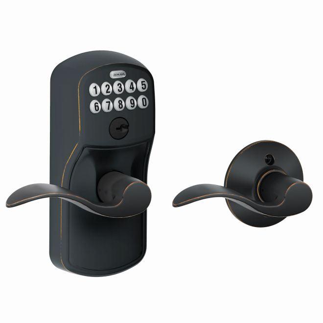 Schlage Electronic Keypad Lever with Plymouth Trim and Accent Lever with Auto Lock in Aged Bronze finish