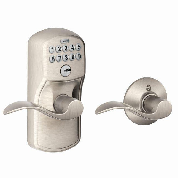 Schlage Electronic Keypad Lever with Plymouth Trim and Accent Lever with Auto Lock in Satin Nickel finish