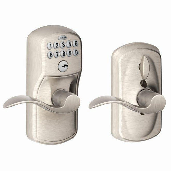 Schlage Electronic Keypad Lever with Plymouth Trim and Accent Lever with Flex Lock in Satin Nickel finish