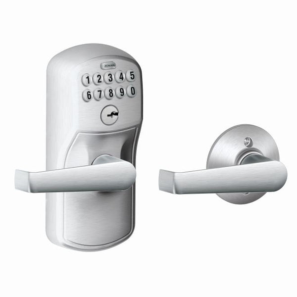 Schlage Electronic Keypad Lever with Plymouth Trim and Elan Lever with Auto Lock in Satin Chrome finish