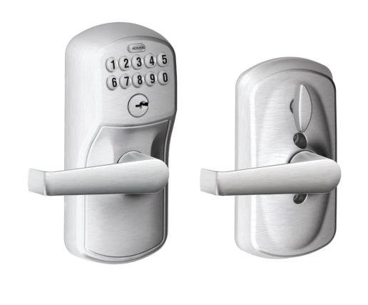 Schlage Electronic Keypad Lever with Plymouth Trim and Elan Lever with Flex Lock in Satin Chrome finish