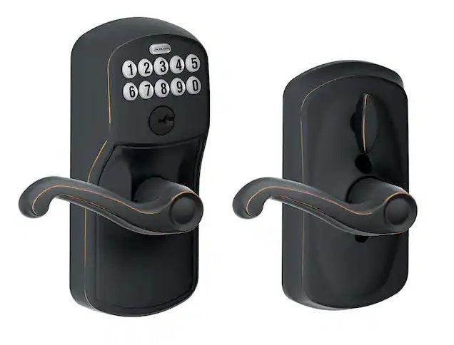 Schlage Electronic Keypad Lever with Plymouth Trim and Flair Lever with Flex Lock in Aged Bronze finish