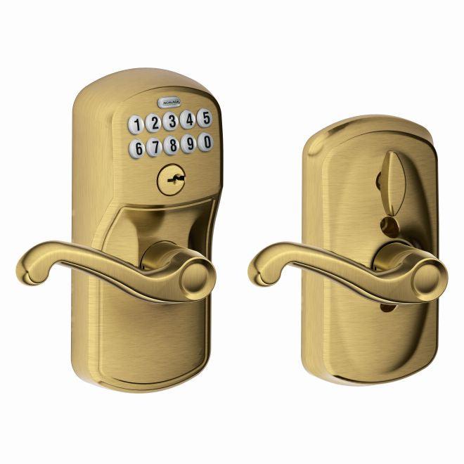 Schlage Electronic Keypad Lever with Plymouth Trim and Flair Lever with Flex Lock in Antique Brass finish