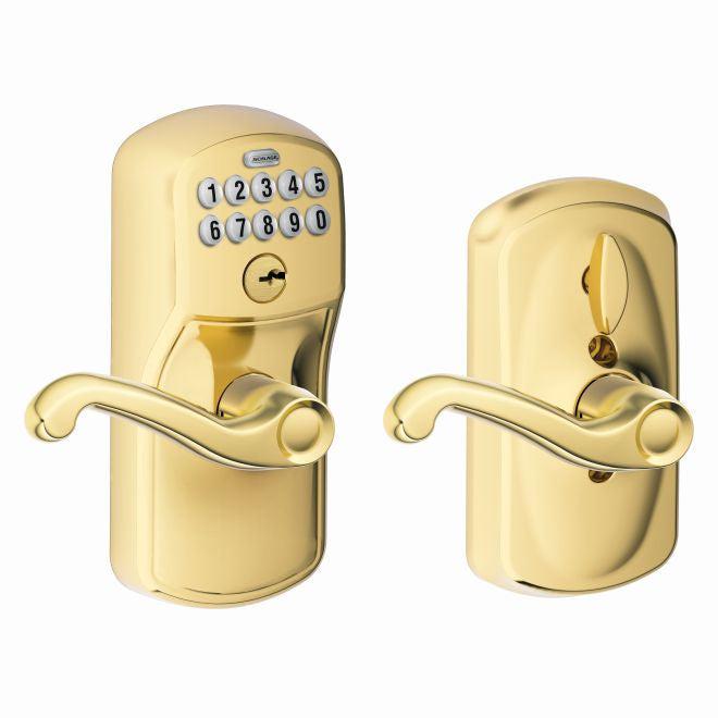 Schlage Electronic Keypad Lever with Plymouth Trim and Flair Lever with Flex Lock in Lifetime Brass finish
