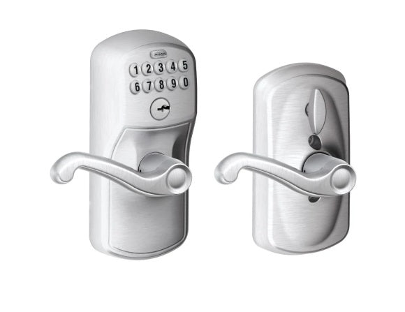 Schlage Electronic Keypad Lever with Plymouth Trim and Flair Lever with Flex Lock in Satin Chrome finish