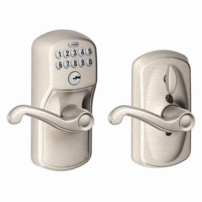 Schlage Electronic Keypad Lever with Plymouth Trim and Flair Lever with Flex Lock in Satin Nickel finish