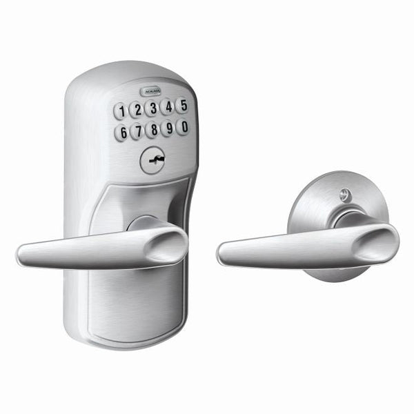 Schlage Electronic Keypad Lever with Plymouth Trim and Jazz Lever with Auto Lock in Satin Chrome finish