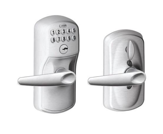 Schlage Electronic Keypad Lever with Plymouth Trim and Jazz Lever with Flex Lock in Satin Chrome finish