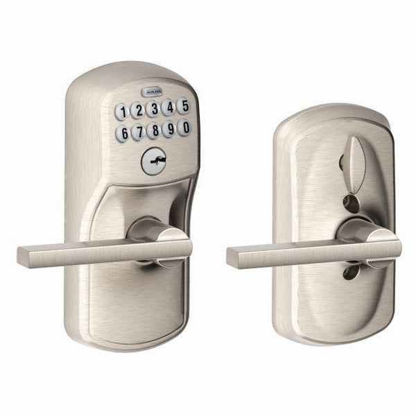 Schlage Electronic Keypad Lever with Plymouth Trim and Latitude Lever with Flex Lock in Satin Nickel finish