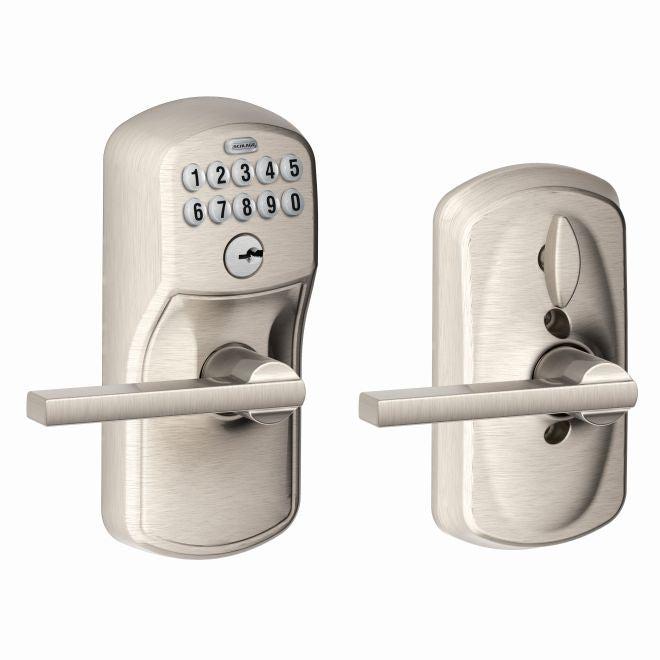 Schlage Electronic Keypad Lever with Plymouth Trim and Latitude Lever with Flex Lock in Satin Nickel finish