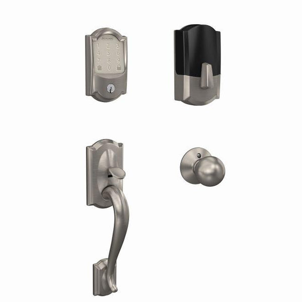 Schlage Encode Smart Wifi Touchscreen Deadbolt With Lower Camelot Handleset and Orbit Knob Trim Combo Pack in Satin Nickel finish