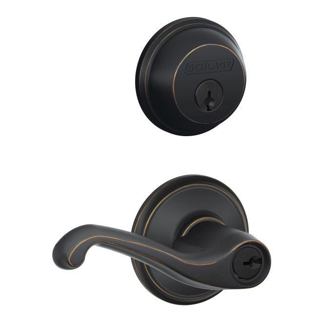 Schlage Flair Keyed Entry Lever and Deadbolt Combo Pack in Aged Bronze finish