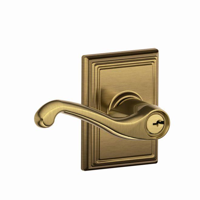 Schlage Flair Lever With Addison Rosette Keyed Entry Lock in Antique Brass finish