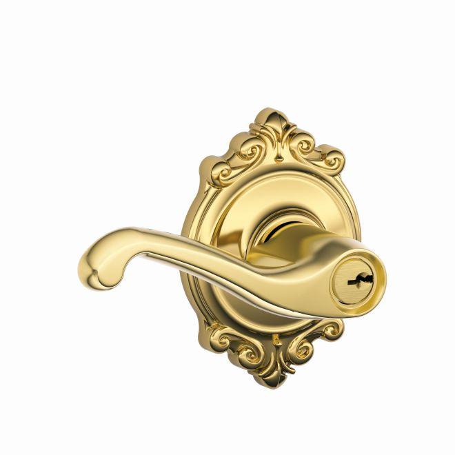 Schlage Flair Lever With Brookshire Rosette Keyed Entry Lock in Lifetime Brass finish