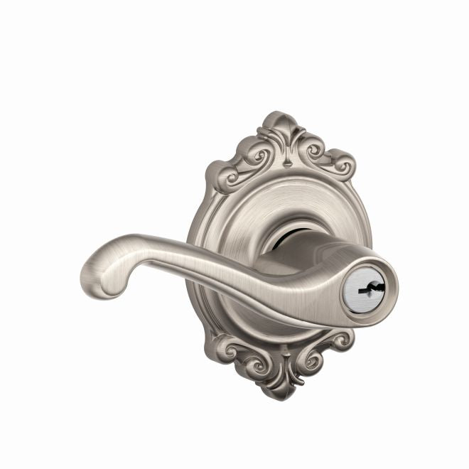 Schlage Flair Lever With Brookshire Rosette Keyed Entry Lock in Satin Nickel finish