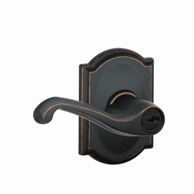 Schlage Flair Lever With Camelot Rosette Keyed Entry Lock in Aged Bronze finish