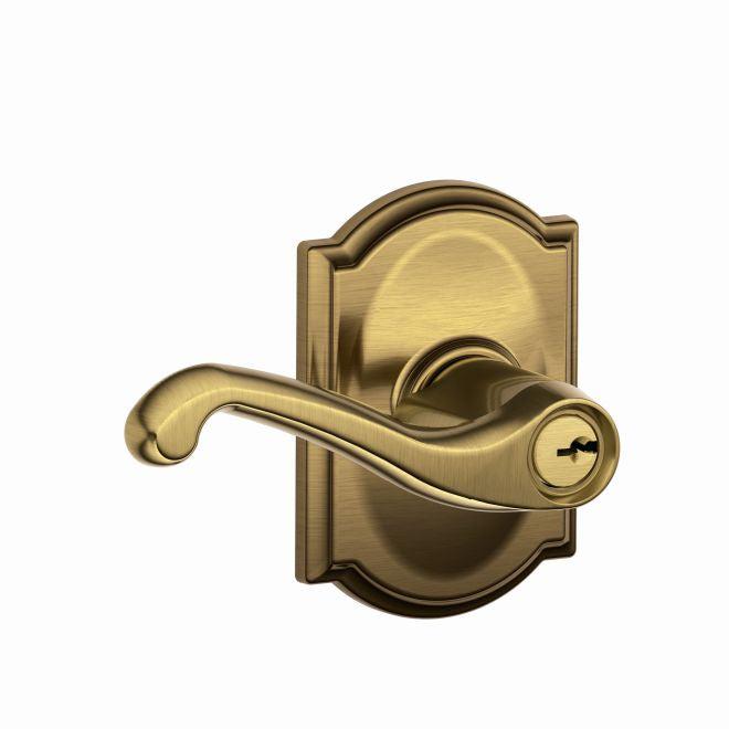 Schlage Flair Lever With Camelot Rosette Keyed Entry Lock in Antique Brass finish