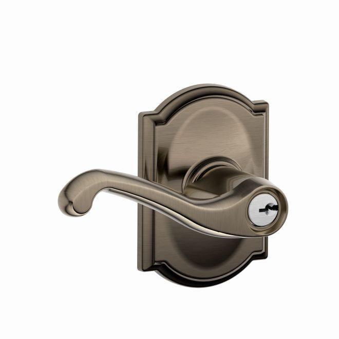 Schlage Flair Lever With Camelot Rosette Keyed Entry Lock in Antique Pewter finish