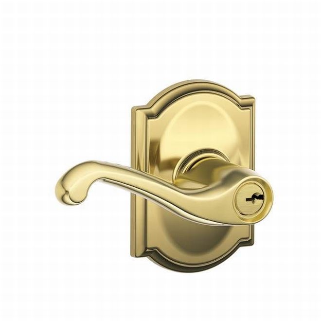 Schlage Flair Lever With Camelot Rosette Keyed Entry Lock in Bright Brass finish