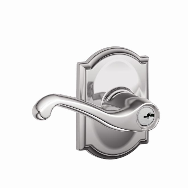 Schlage Flair Lever With Camelot Rosette Keyed Entry Lock in Bright Chrome finish