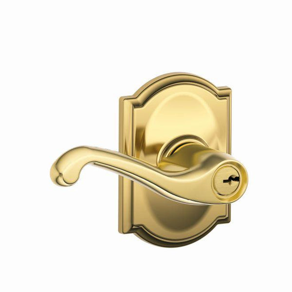 Schlage Flair Lever With Camelot Rosette Keyed Entry Lock in Lifetime Brass finish