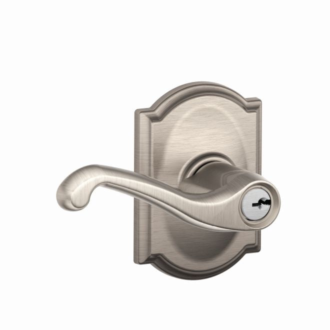 Schlage Flair Lever With Camelot Rosette Keyed Entry Lock in Satin Nickel finish