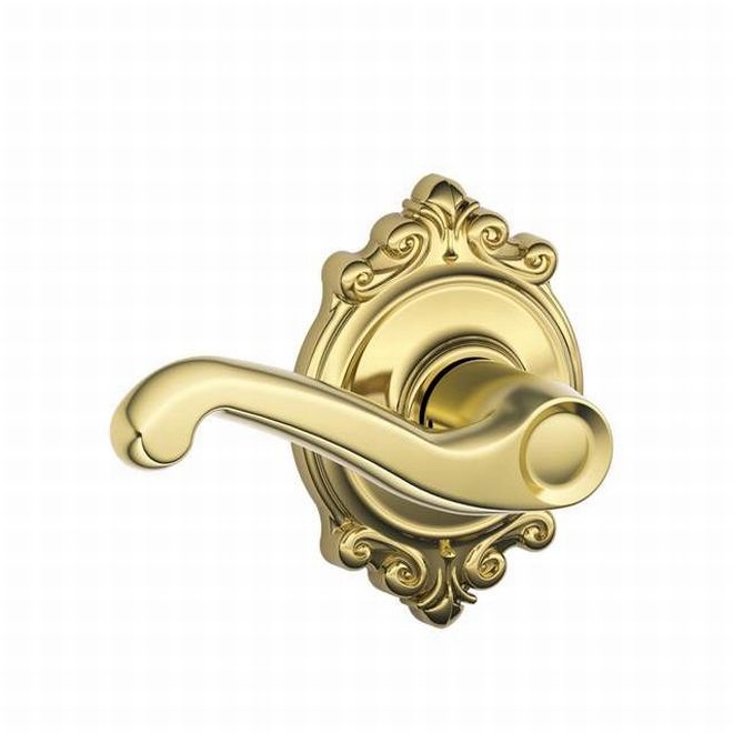 Schlage Flair Passage Lever With Brookshire Rosette in Bright Brass finish