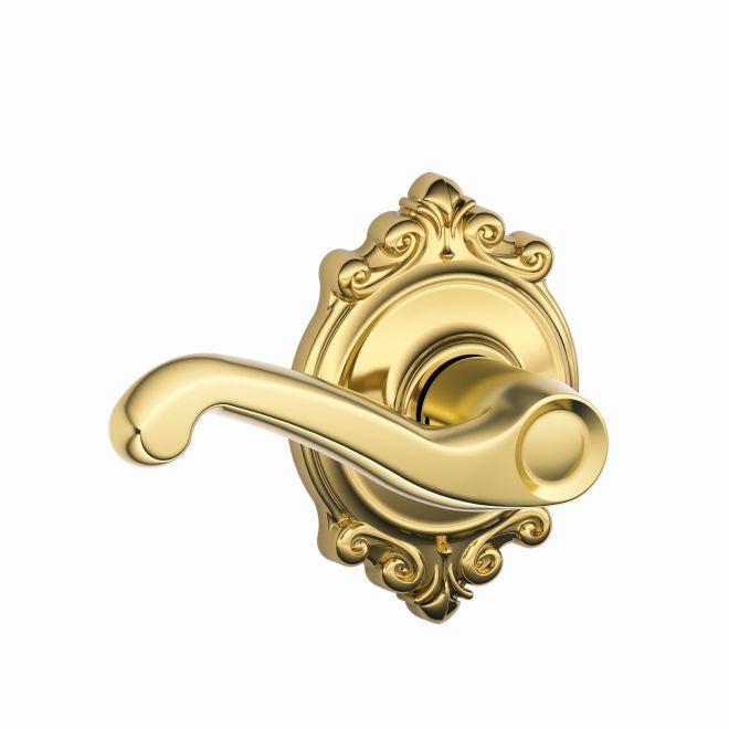 Schlage Flair Passage Lever With Brookshire Rosette in Lifetime Brass finish