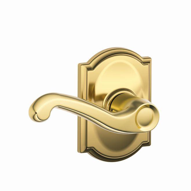 Schlage Flair Passage Lever With Camelot Rosette in Lifetime Brass finish