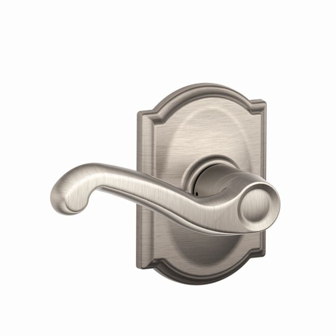 Schlage Flair Passage Lever With Camelot Rosette in Satin Nickel finish