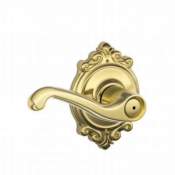 Schlage Flair Privacy Lever With Brookshire Rosette in Bright Brass finish