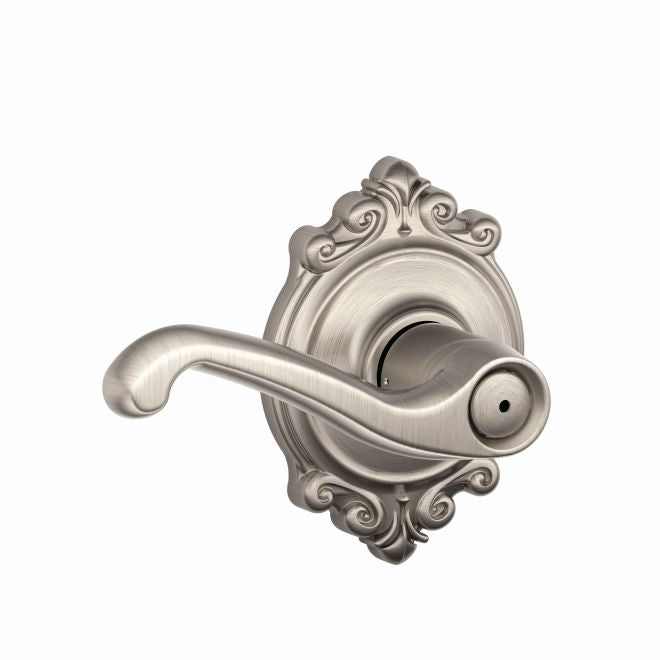 Schlage Flair Privacy Lever With Brookshire Rosette in Satin Nickel finish