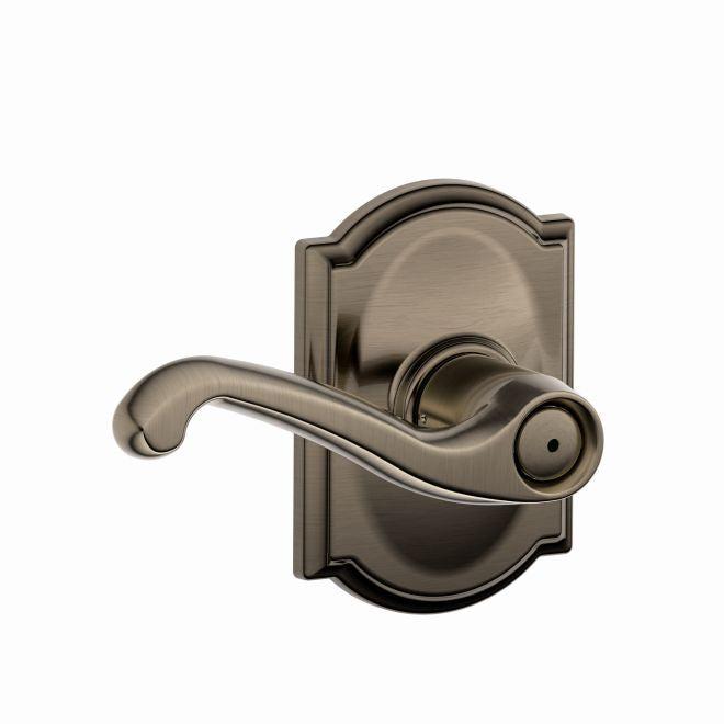 Schlage Flair Privacy Lever With Camelot Rosette in Antique Pewter finish