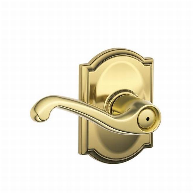 Schlage Flair Privacy Lever With Camelot Rosette in Bright Brass finish