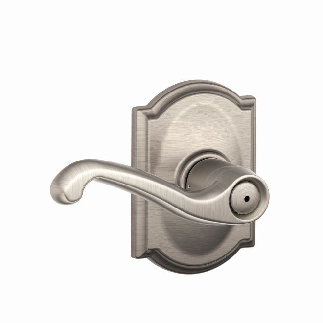 Schlage Flair Privacy Lever With Camelot Rosette in Satin Nickel finish